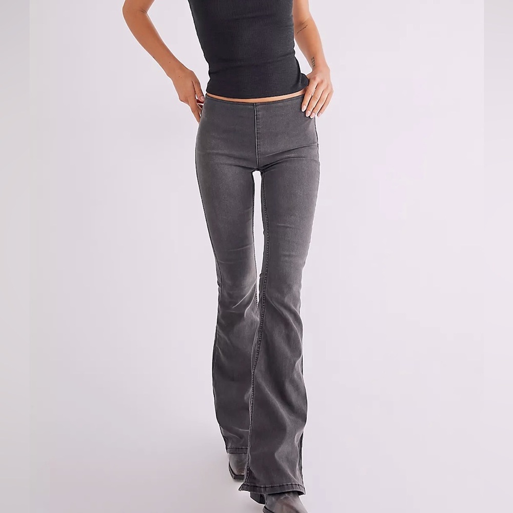Free People Gray Flare Elastic Waist Jeans